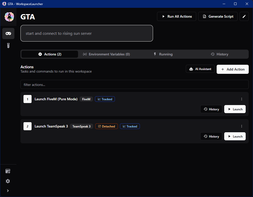 WorkspaceLauncher action configuration screen
